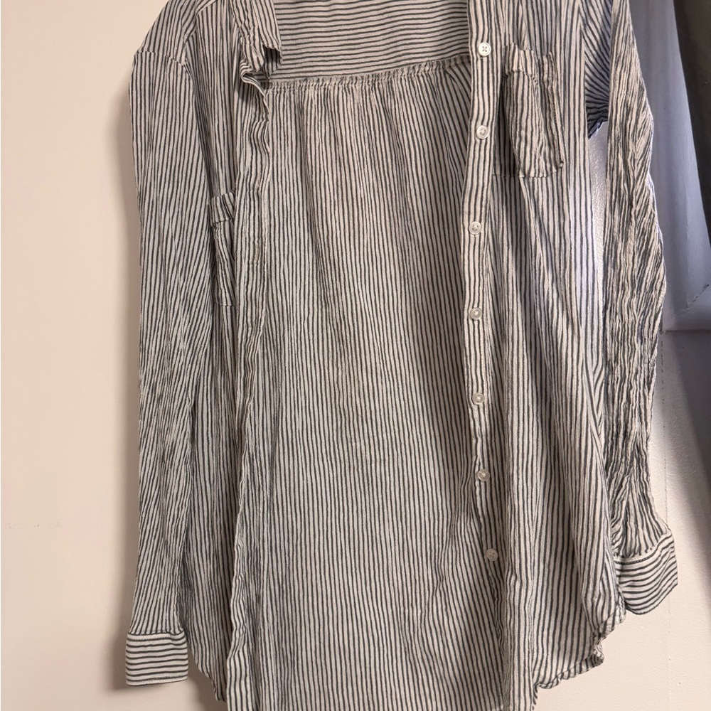 LOFT Black and White Striped Button Down Shirt